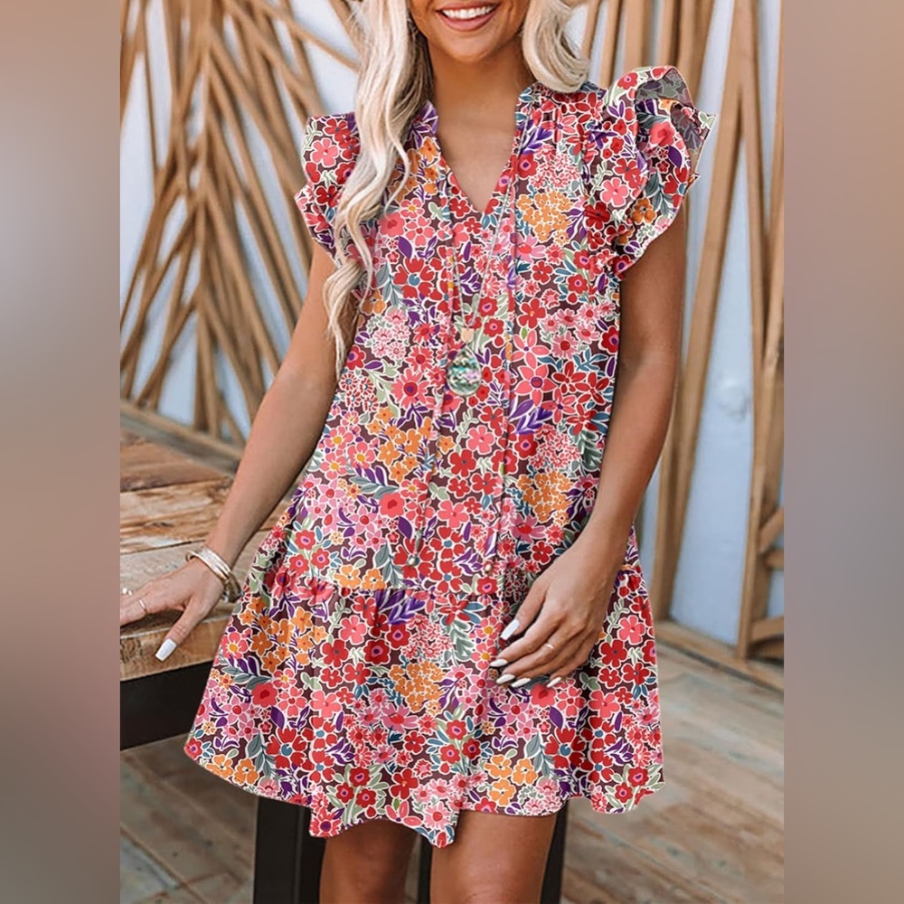 Dokotoo V-Neck Drawstring Ruffle Cap Short Sleeve Mini Dress, Size: L